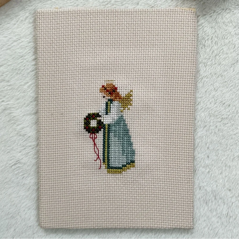 1987 Told in a Garden Christmas Angel Cross Stitch, Framed 5x7 Art Vintage